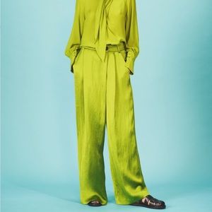 Zara Satin Green Wrap Wide Leg Pants